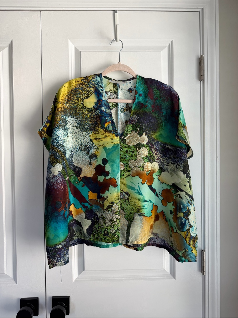 Bryn Walker Becca Top Blouse Silk Abstract Watercolor V-Neck Boxy Size XS